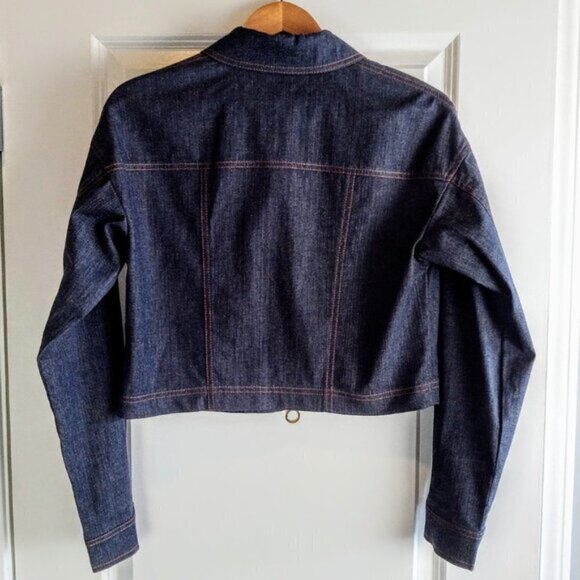 Worth Blue Denim Camel Leather Pocket Zip Jacket - Picture 2 of 9